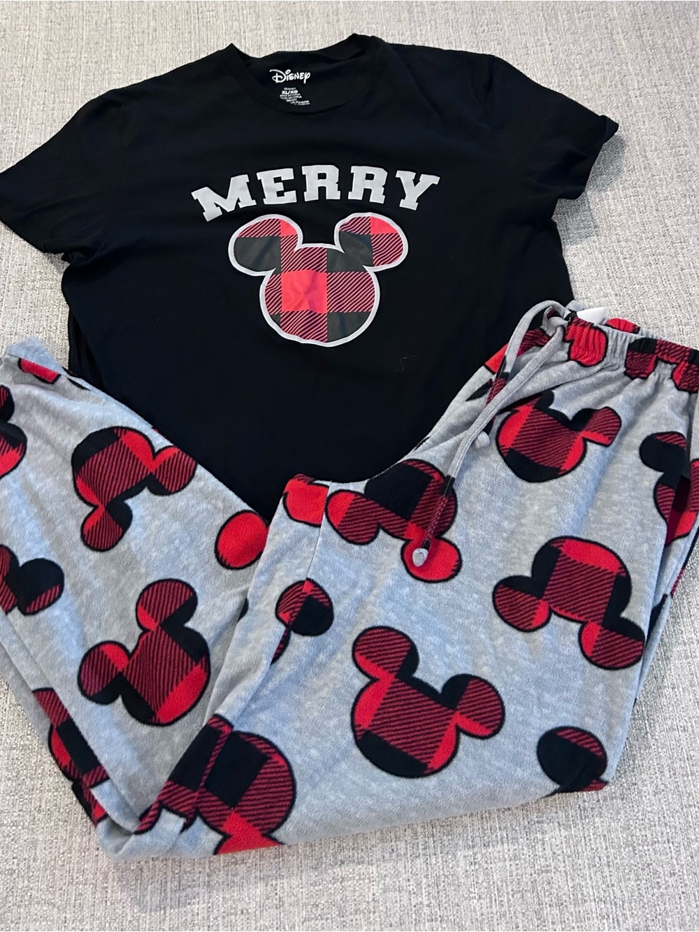 Disney Black Top with Red Plaid Mickey Gray Plaid-Print Pajama Pants Set Size XL